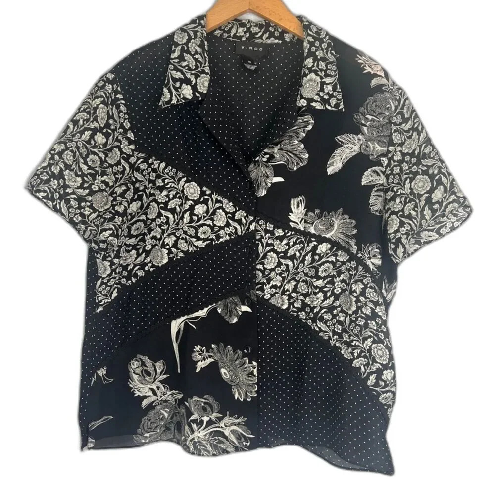 Virgo Mixed Print Colorblock Collared Short Sleeve Semi‎ Sheer Blouse Sz 14